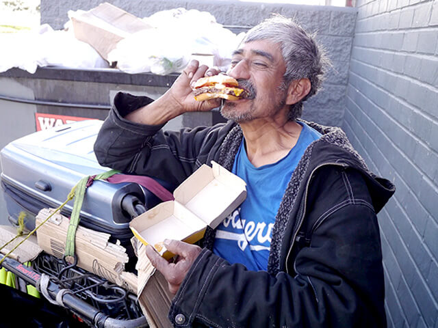 Photographing elements for the ONE BITE CHALLENGE series, homeless people