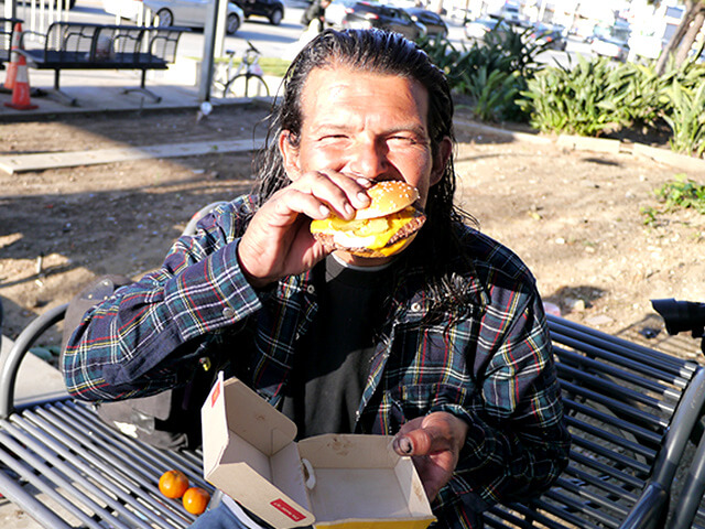 Photographing elements for the ONE BITE CHALLENGE series, homeless people