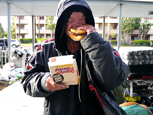 Photographing elements for the ONE BITE CHALLENGE series, homeless people