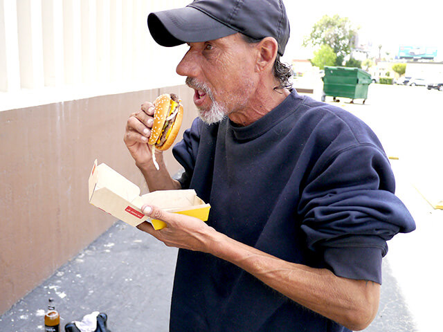 Photographing elements for the ONE BITE CHALLENGE series, homeless people