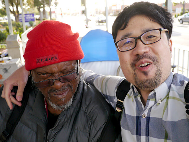 Photographing elements for the ONE BITE CHALLENGE series, homeless people