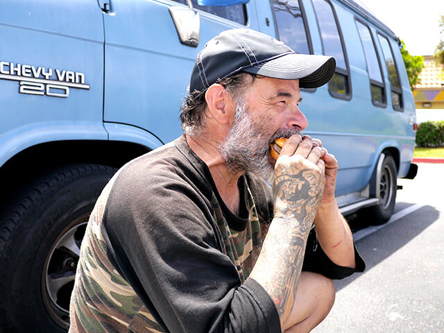 Photographing elements for the ONE BITE CHALLENGE series, homeless people