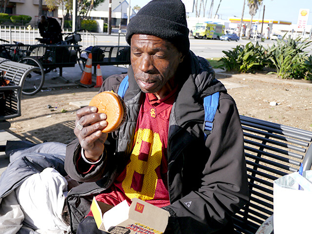 Photographing elements for the ONE BITE CHALLENGE series, homeless people