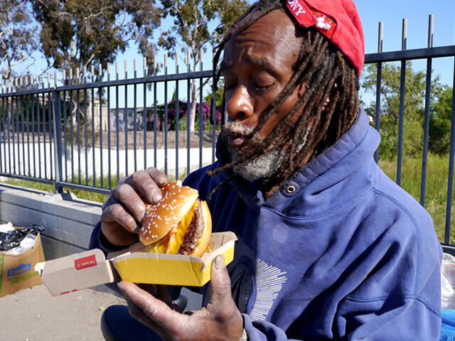 Photographing elements for the ONE BITE CHALLENGE series, homeless people