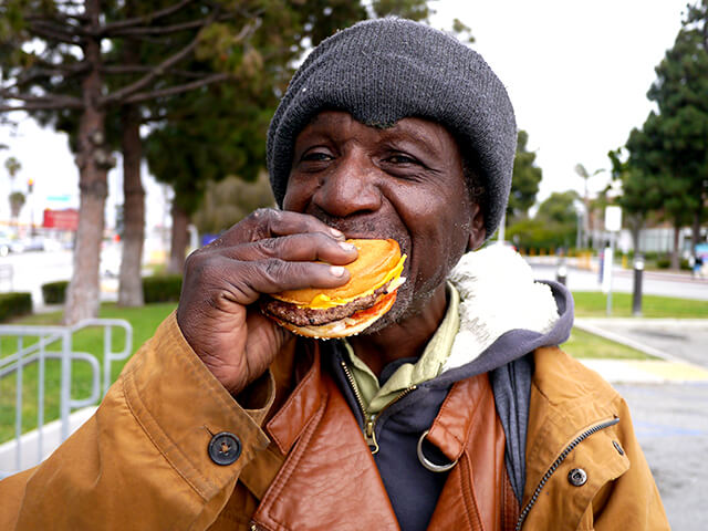 Photographing elements for the ONE BITE CHALLENGE series, homeless people