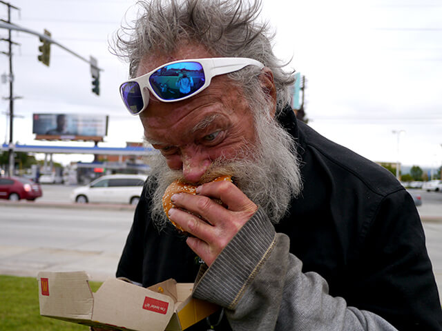Photographing elements for the ONE BITE CHALLENGE series, homeless people