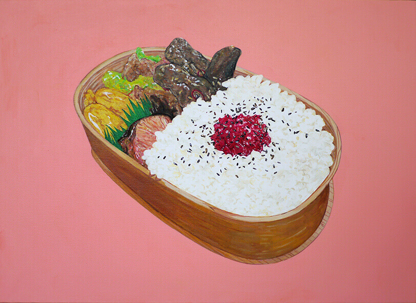 BENTO-January 19, 2016（熱量714kcal、蛋白質24.4g、脂質33.5g、炭水化物74.2g、Na0.9g／原材料名：御飯（国産）、こんにゃく炒め煮、卵焼き、焼鮭、キャベツ豚肉炒め、梅干、胡麻、唐辛子、合成清酒、しょうゆ、食塩、砂糖） 2016年 パネルにキャンバス、アクリル 33×45cm