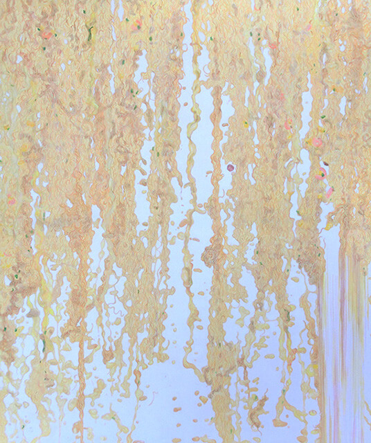 LIFE feat 23,007kcal(日清:カップヌードル×23+カップヌードル カレー×27+カップヌードル シーフードヌードル×13) 2013年 パネルにモデリングペースト、ジェッソ、アクリル、色鉛筆 90.9x72.7cm