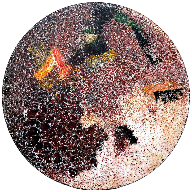 人種のるつぼ(コーラ×寿司)2017年 円形キャンバスにアクリル 30×30cm