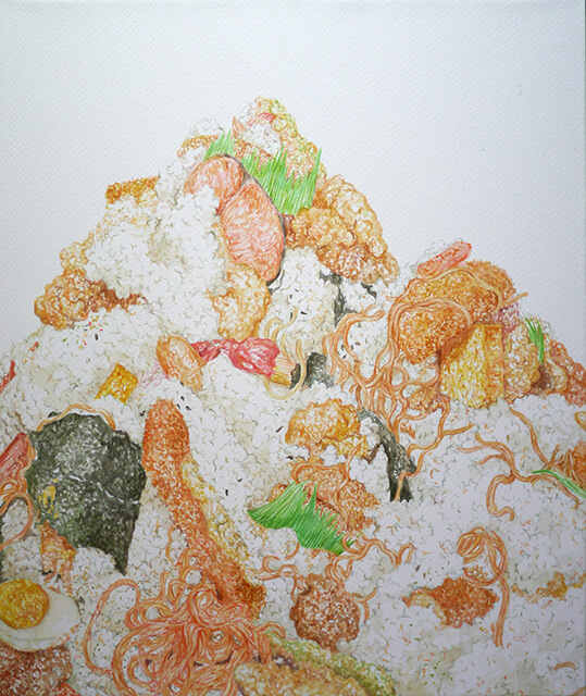 コンビニ弁当の山 #41-02 2015年 パネルにモンバル紙、水彩 45×38cm