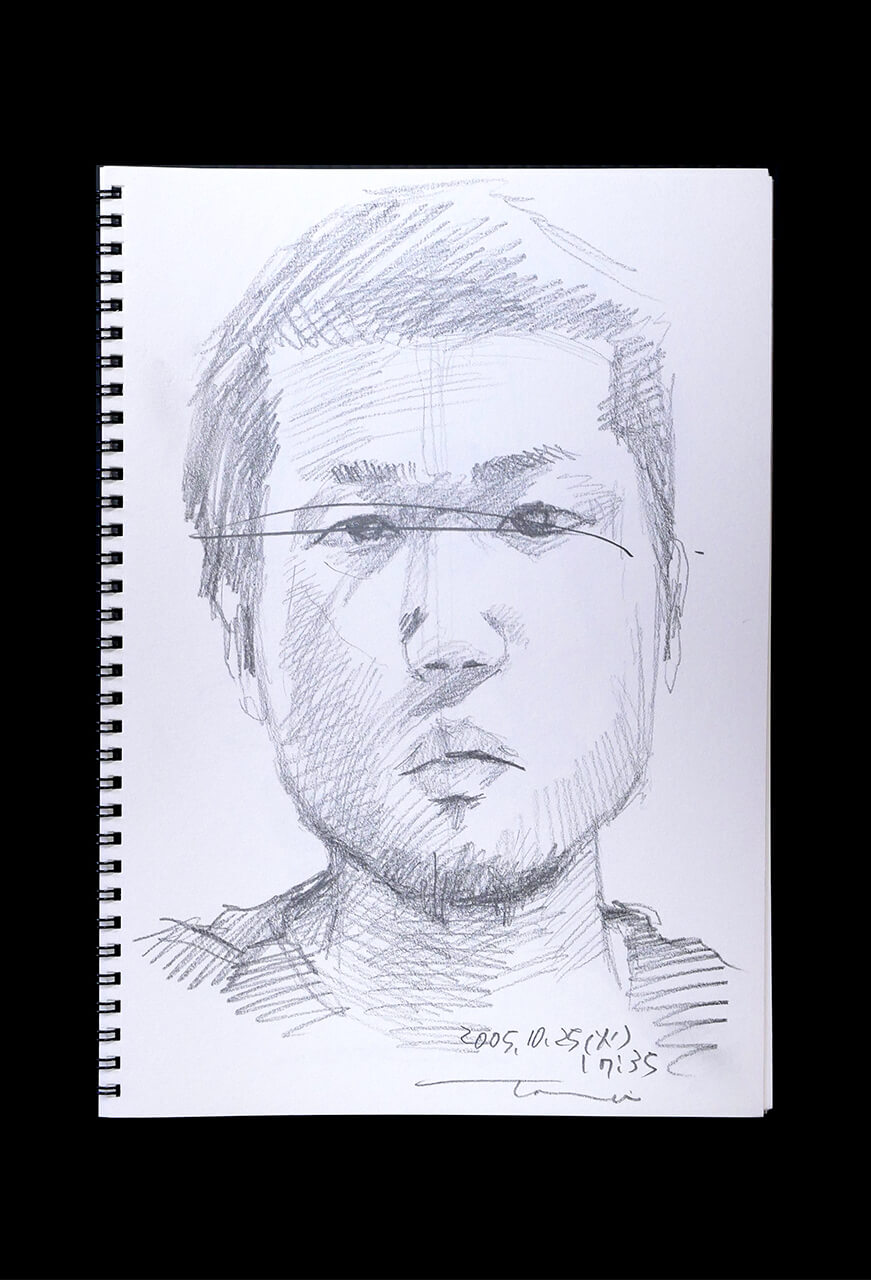 現代美術家の新宅睦仁(シンタクトモニ)の2005年10月25日の自画像/鉛筆ドローイング