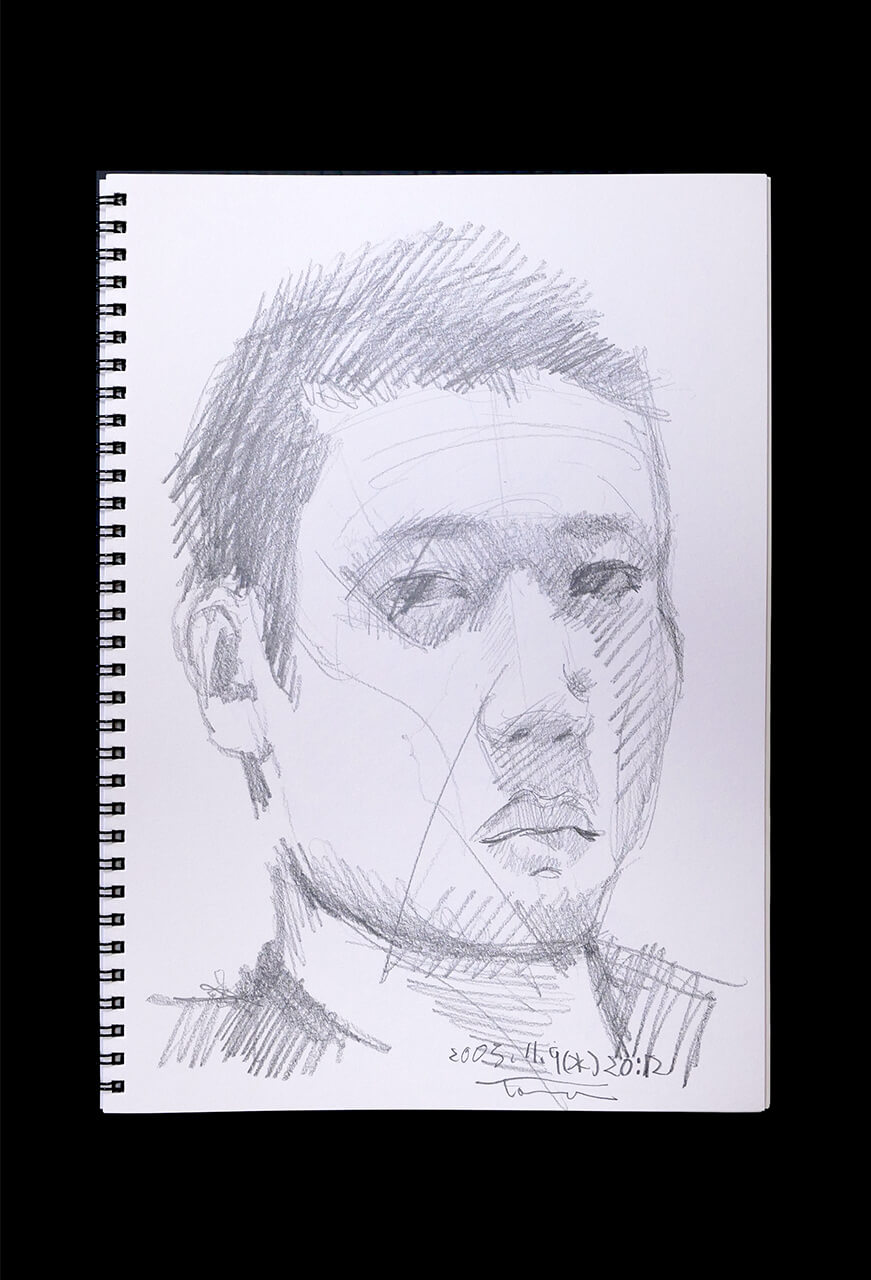 現代美術家の新宅睦仁(シンタクトモニ)の2005年11月9日の自画像/鉛筆ドローイング