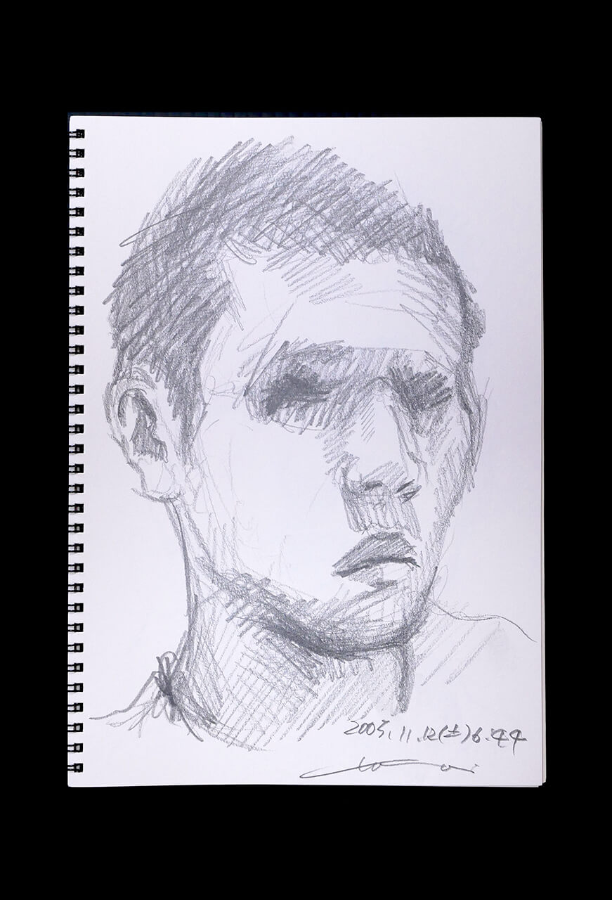 現代美術家の新宅睦仁(シンタクトモニ)の2005年11月12日の自画像/鉛筆ドローイング