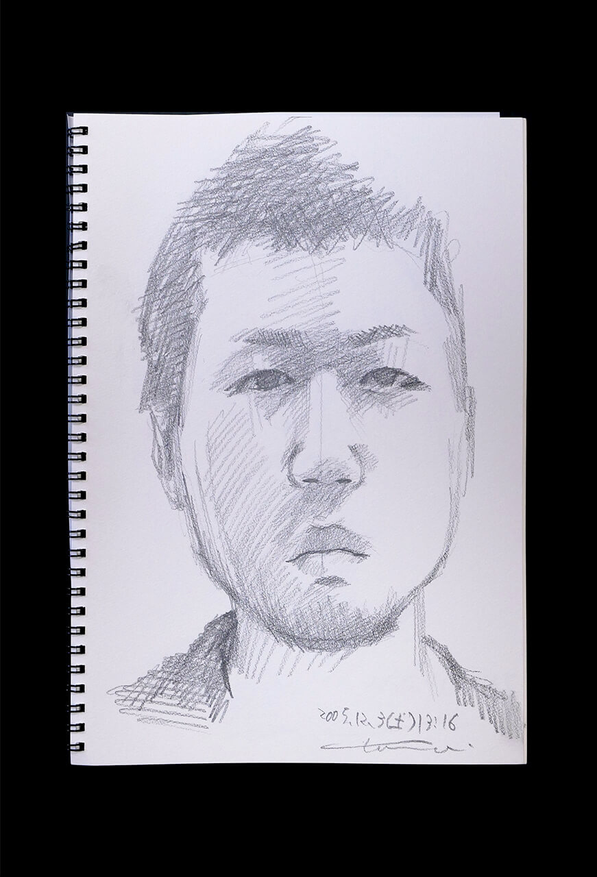 現代美術家の新宅睦仁(シンタクトモニ)の2005年12月3日の自画像/鉛筆ドローイング