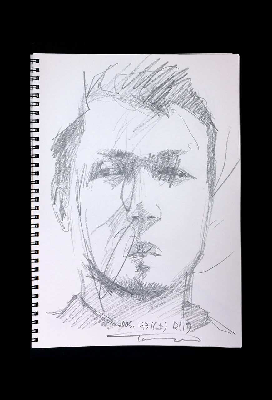現代美術家の新宅睦仁(シンタクトモニ)の2005年12月31日の自画像/鉛筆ドローイング
