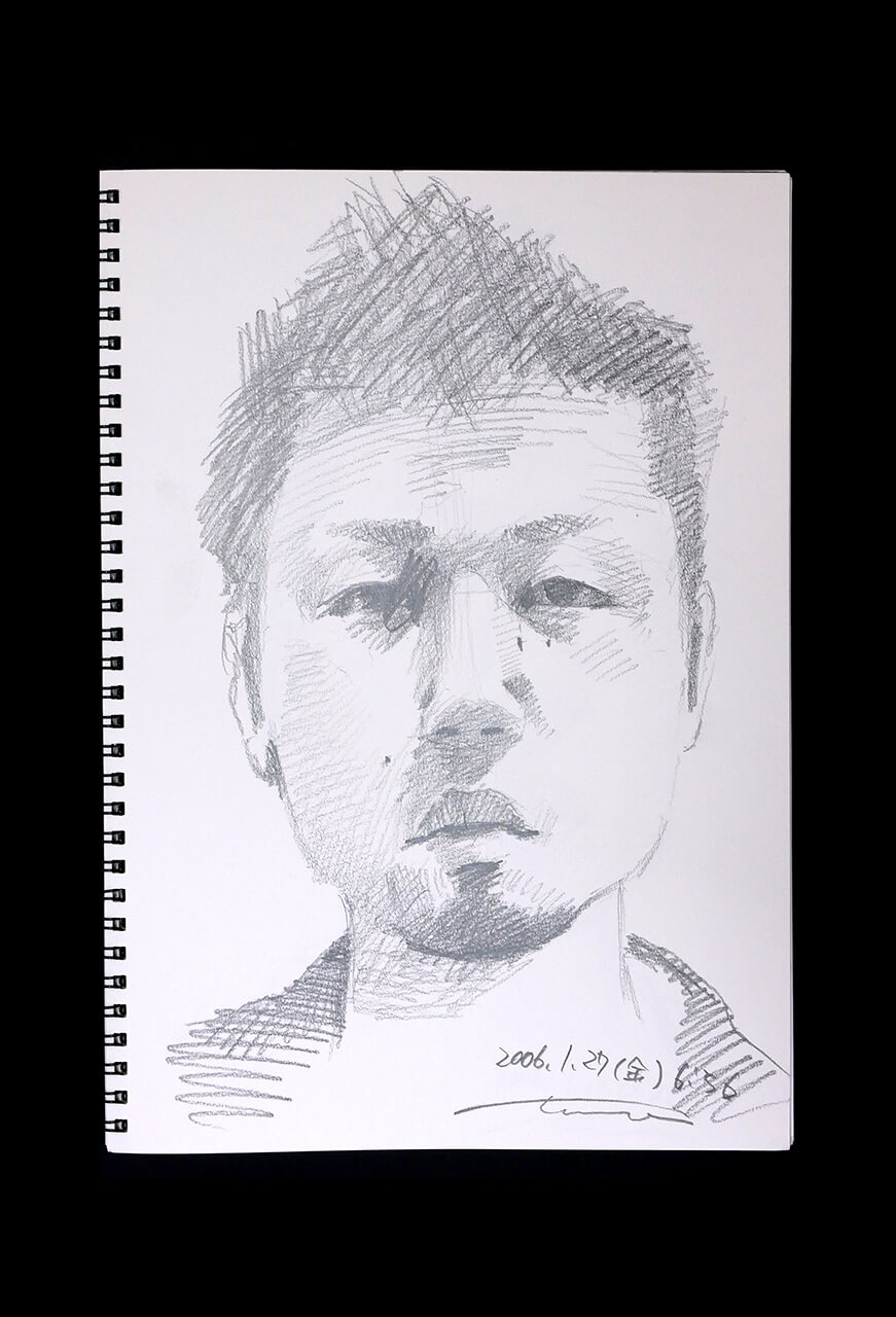 現代美術家の新宅睦仁(シンタクトモニ)の2006年1月27日の自画像/鉛筆ドローイング