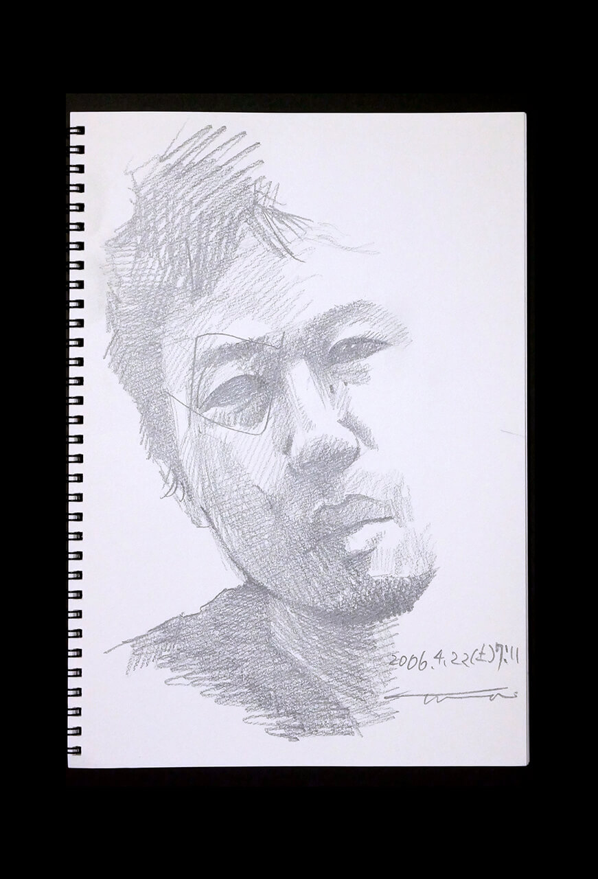 現代美術家の新宅睦仁(シンタクトモニ)の2006年4月22日の自画像/鉛筆ドローイング