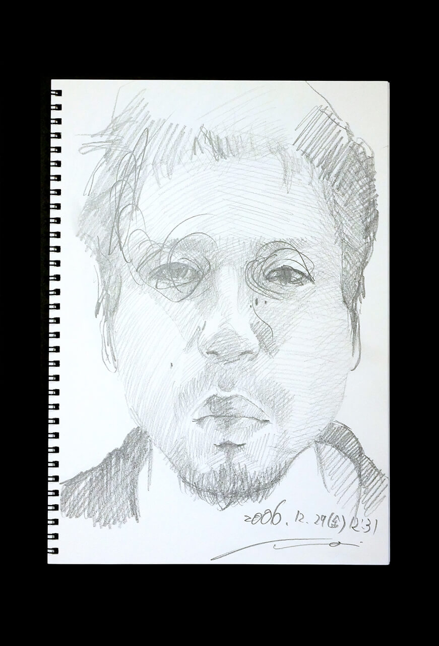 現代美術家の新宅睦仁(シンタクトモニ)の2006年12月29日の自画像/鉛筆ドローイング