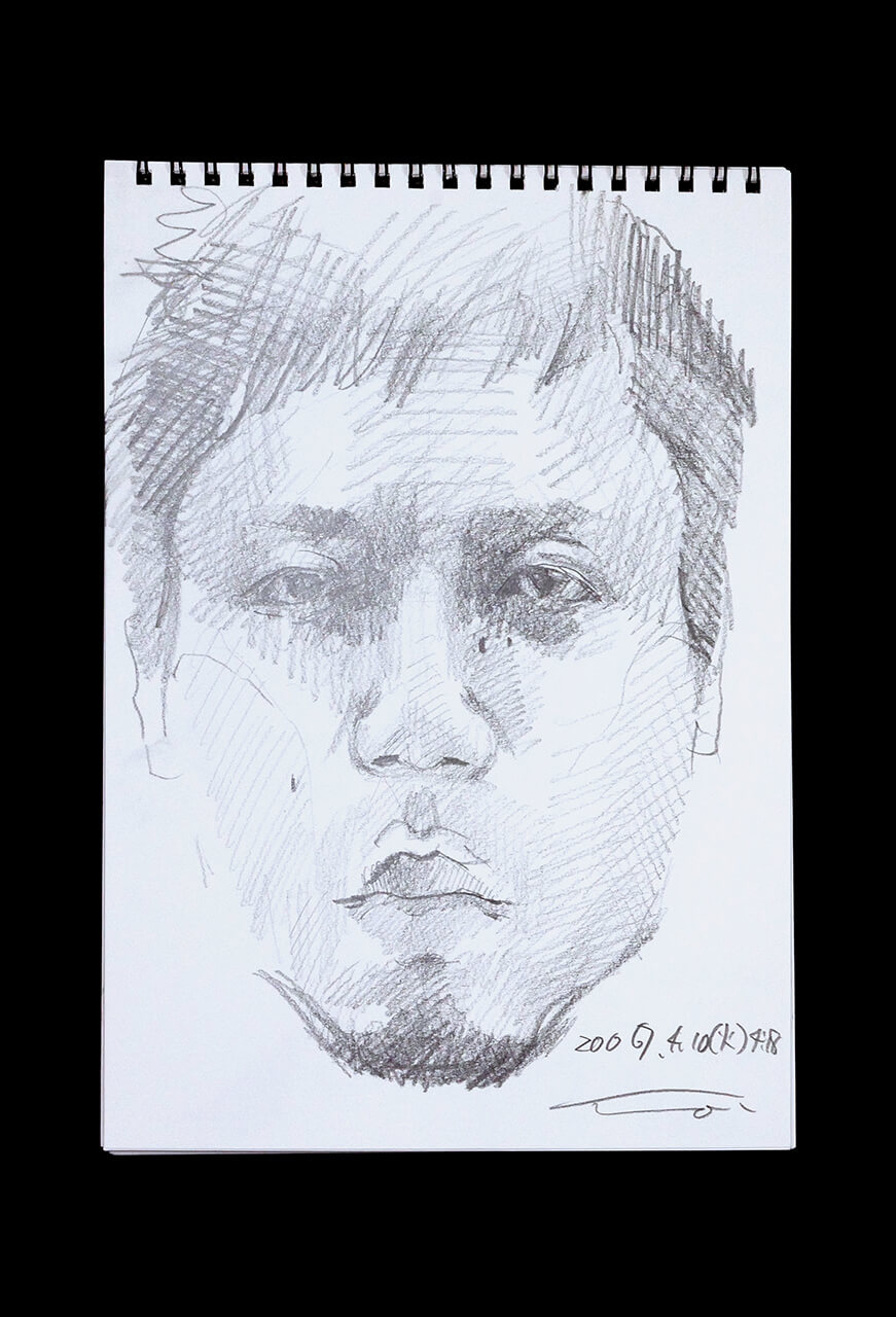 現代美術家の新宅睦仁(シンタクトモニ)の2007年4月10日の自画像/鉛筆ドローイング