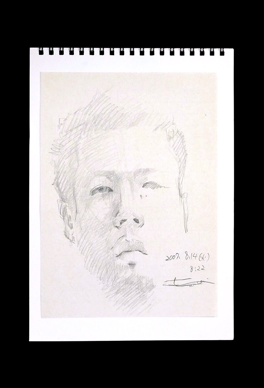 現代美術家の新宅睦仁(シンタクトモニ)の2007年8月14日の自画像/鉛筆ドローイング