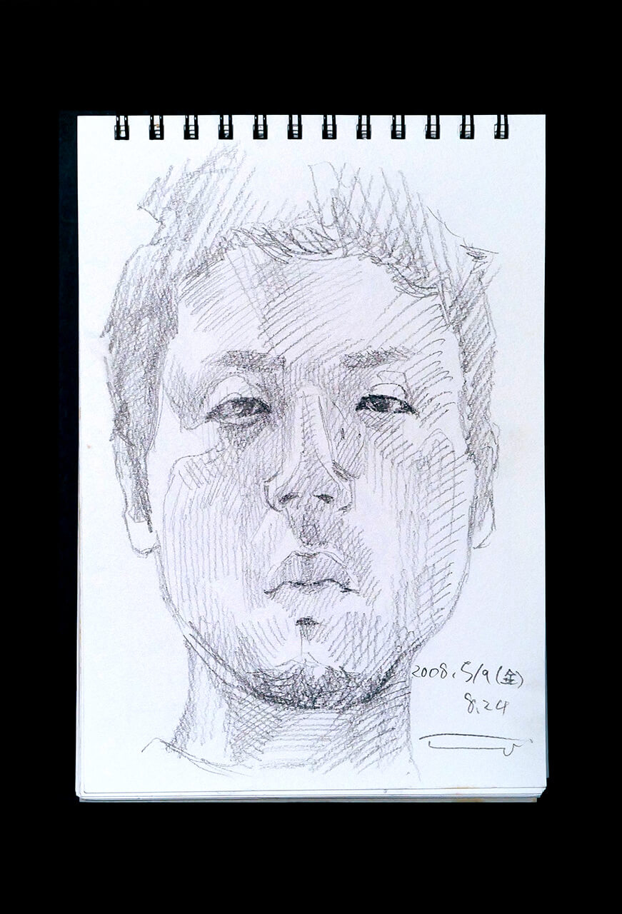 現代美術家の新宅睦仁(シンタクトモニ)の2008年5月9日の自画像/鉛筆ドローイング