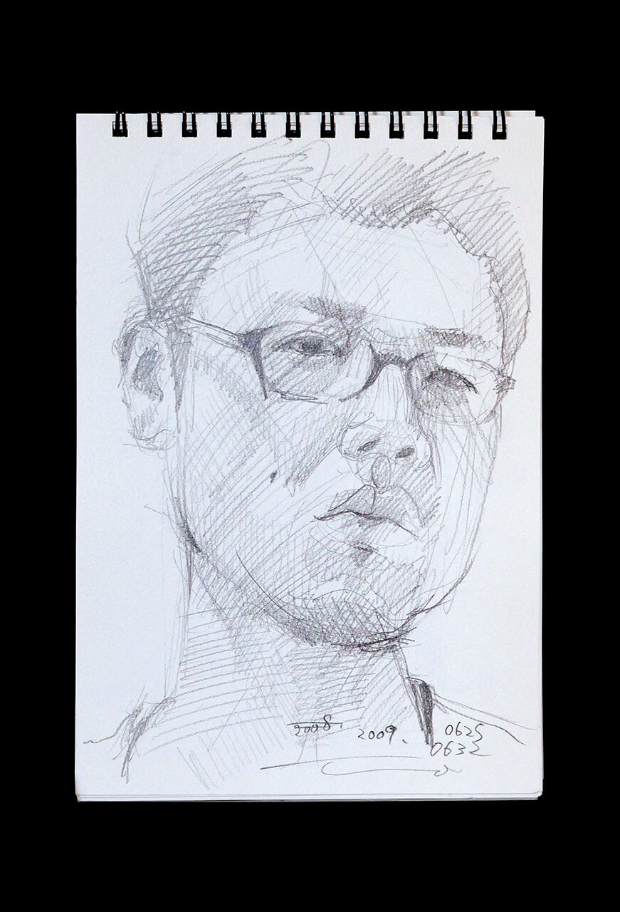 現代美術家の新宅睦仁(シンタクトモニ)の2009年6月25日の自画像/鉛筆ドローイング
