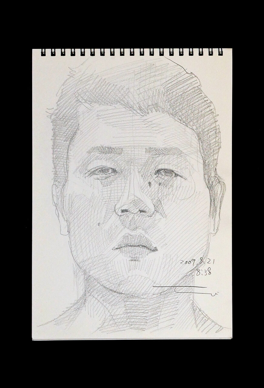 現代美術家の新宅睦仁(シンタクトモニ)の2009年8月21日の自画像/鉛筆ドローイング