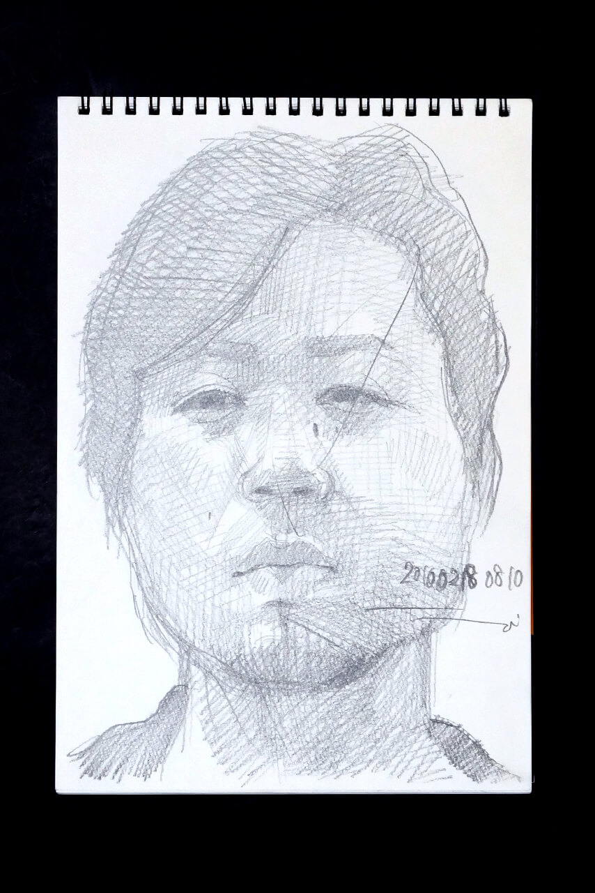 現代美術家の新宅睦仁(シンタクトモニ)の2010年2月18日の自画像/鉛筆ドローイング