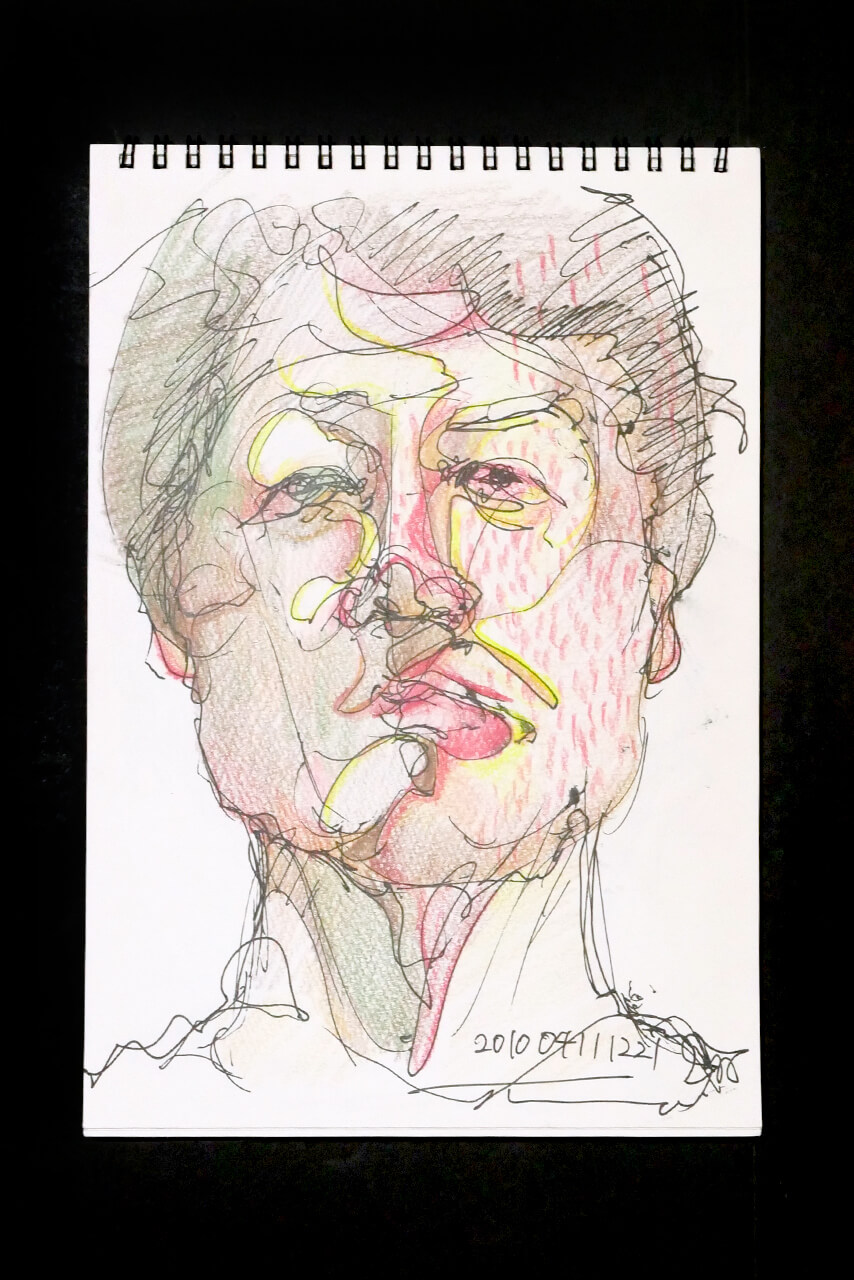 現代美術家の新宅睦仁(シンタクトモニ)の2010年4月11日の自画像/鉛筆ドローイング