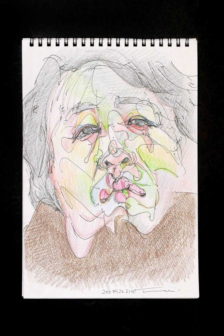 現代美術家の新宅睦仁(シンタクトモニ)の2010年4月22日の自画像/鉛筆ドローイング