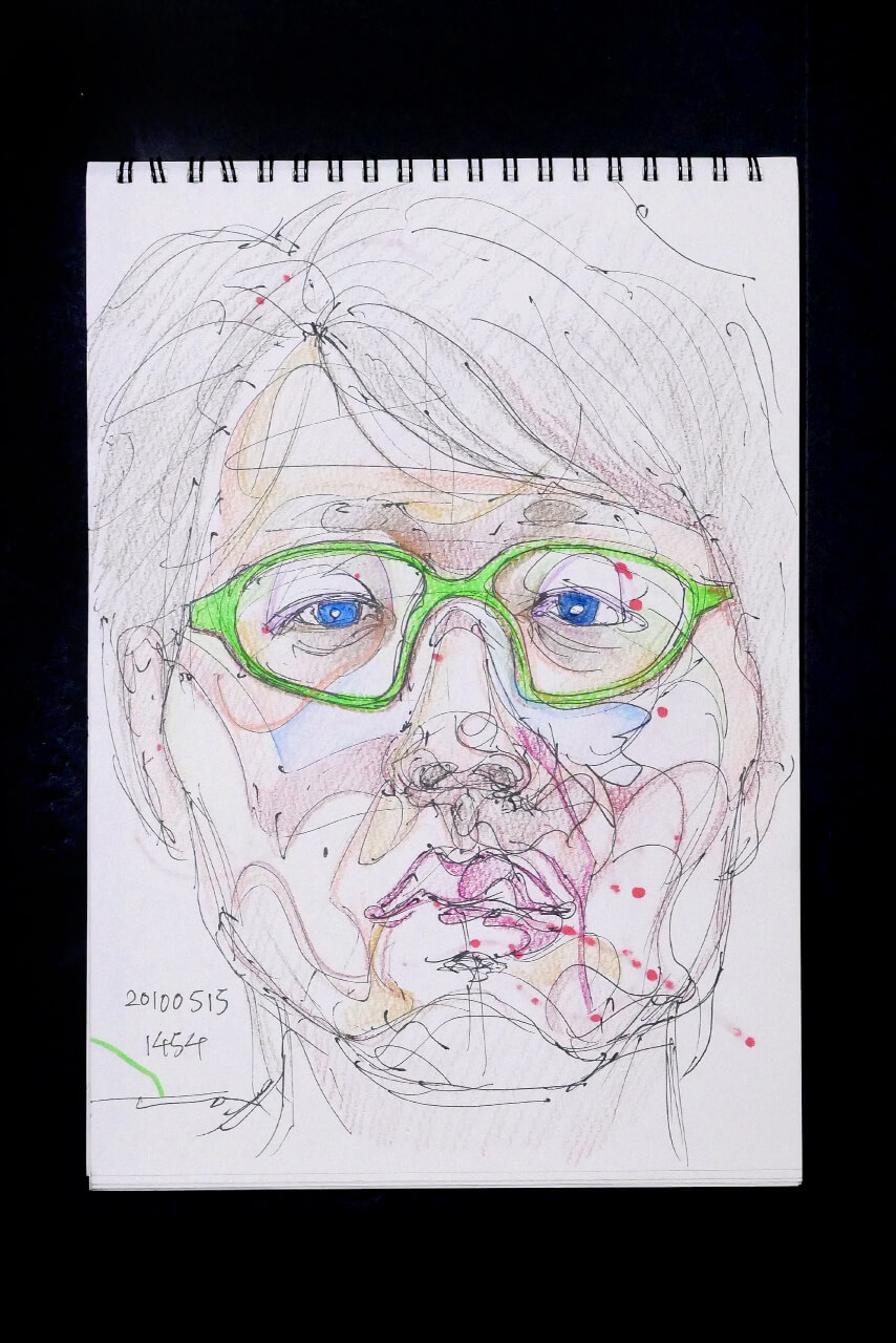 現代美術家の新宅睦仁(シンタクトモニ)の2010年5月15日の自画像/鉛筆ドローイング