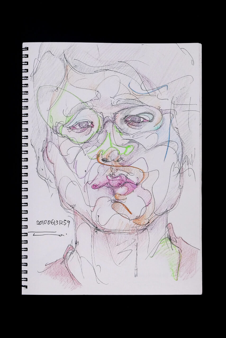 現代美術家の新宅睦仁(シンタクトモニ)の2010年6月13日の自画像/鉛筆ドローイング