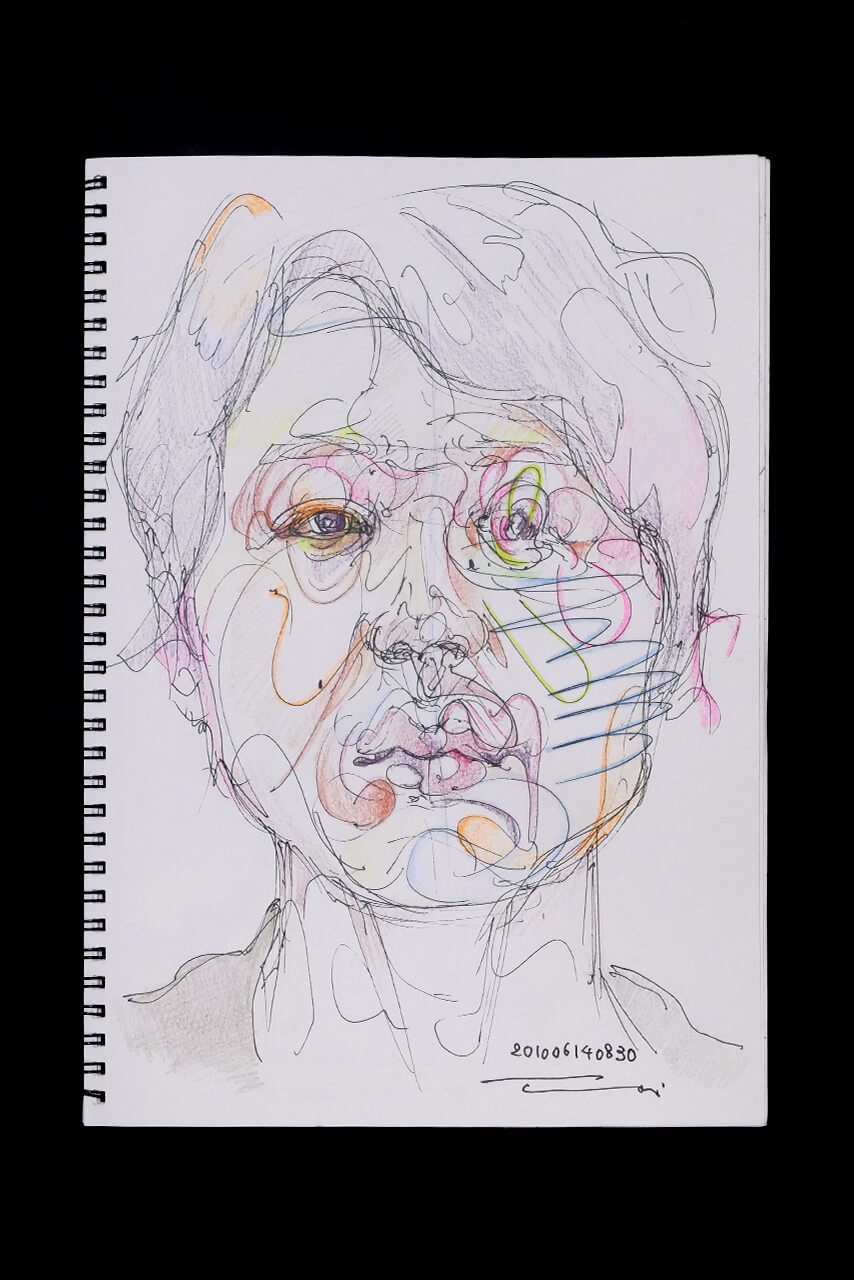 現代美術家の新宅睦仁(シンタクトモニ)の2010年6月14日の自画像/鉛筆ドローイング