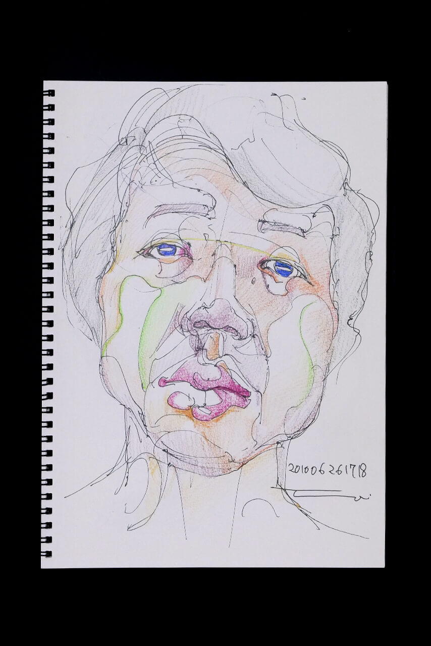 現代美術家の新宅睦仁(シンタクトモニ)の2010年6月26日の自画像/鉛筆ドローイング