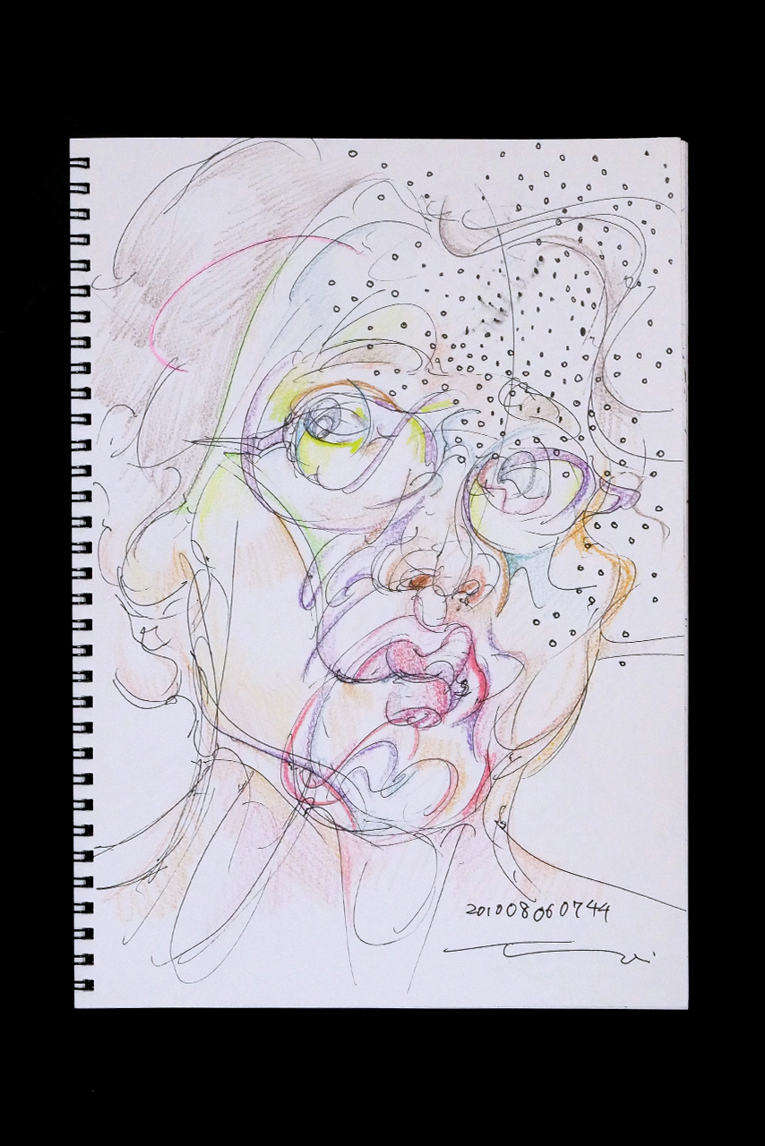 現代美術家の新宅睦仁(シンタクトモニ)の2010年8月6日の自画像/鉛筆ドローイング