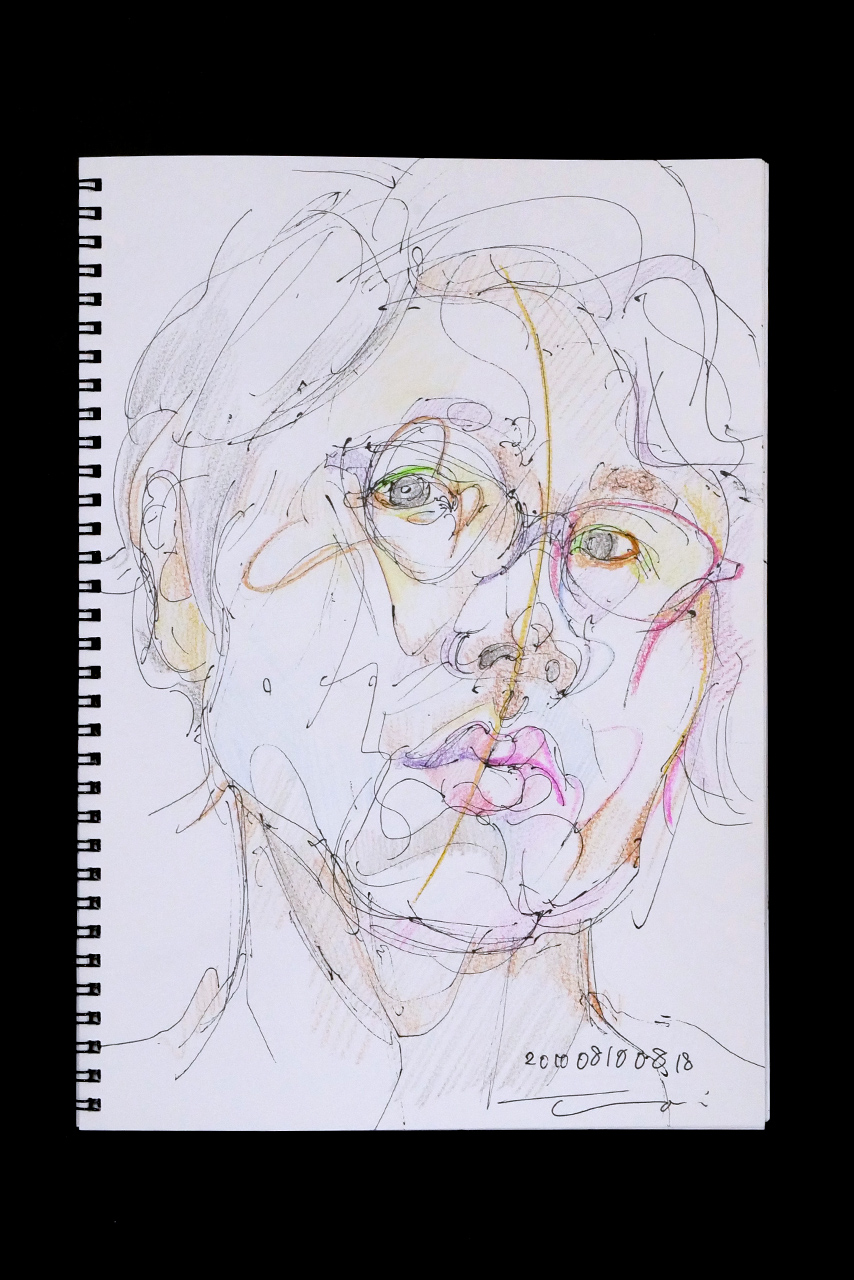 現代美術家の新宅睦仁(シンタクトモニ)の2010年8月10日の自画像/鉛筆ドローイング