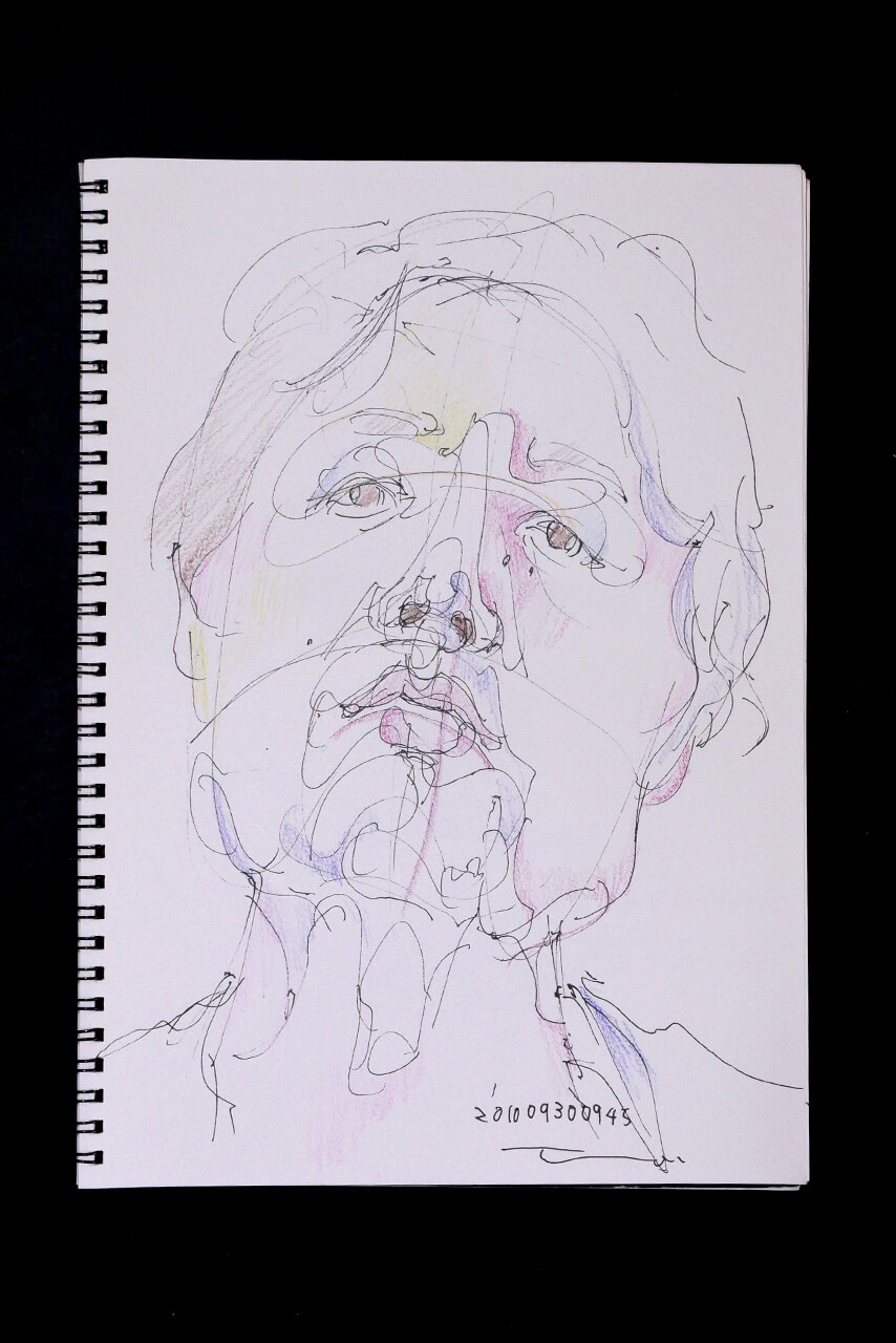 現代美術家の新宅睦仁(シンタクトモニ)の2010年9月30日の自画像/鉛筆ドローイング