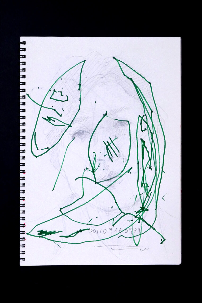 現代美術家の新宅睦仁(シンタクトモニ)の2011年9月6日の自画像/鉛筆ドローイング