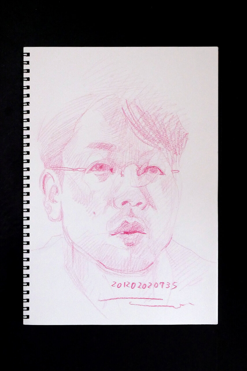 現代美術家の新宅睦仁(シンタクトモニ)の2012年2月2日の自画像/鉛筆ドローイング