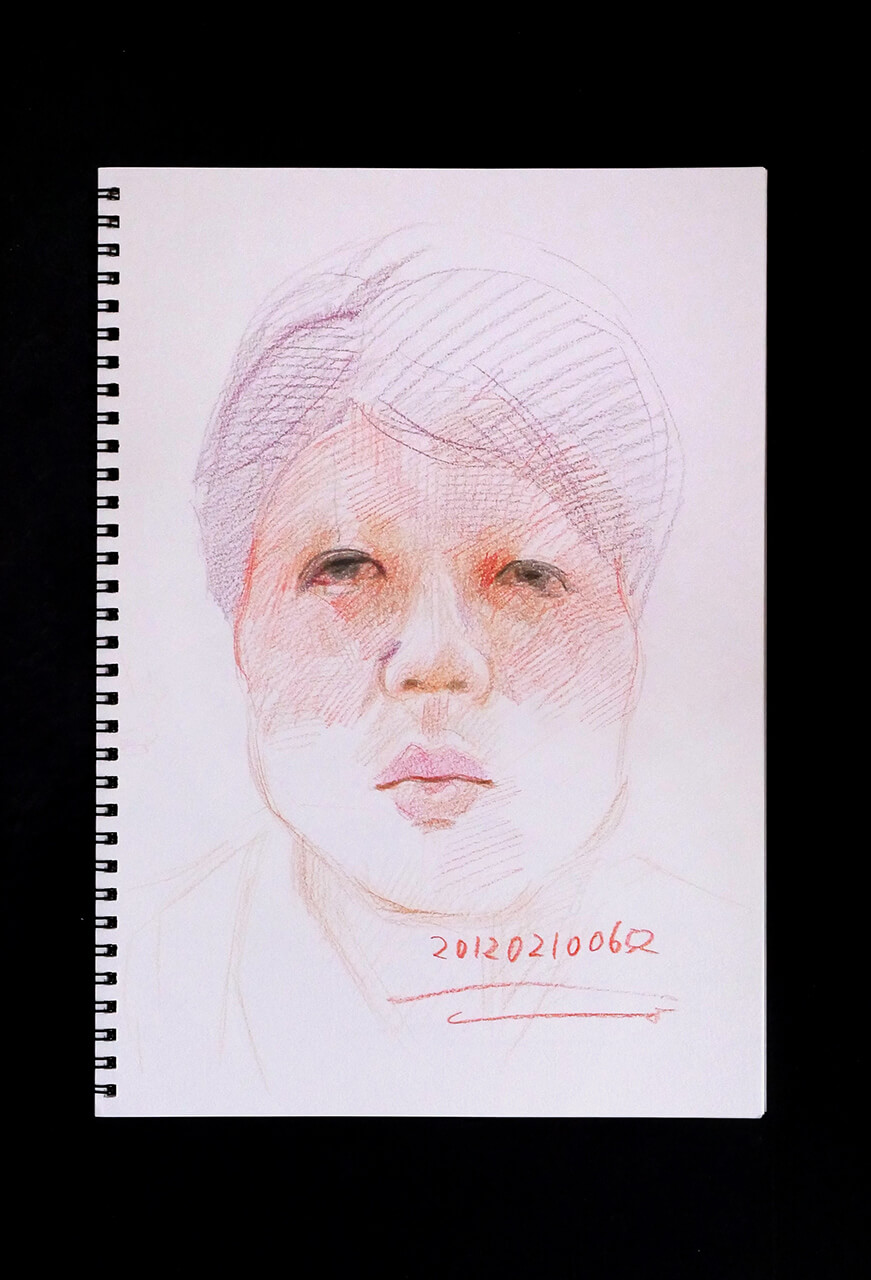 現代美術家の新宅睦仁(シンタクトモニ)の2012年2月10日の自画像/鉛筆ドローイング