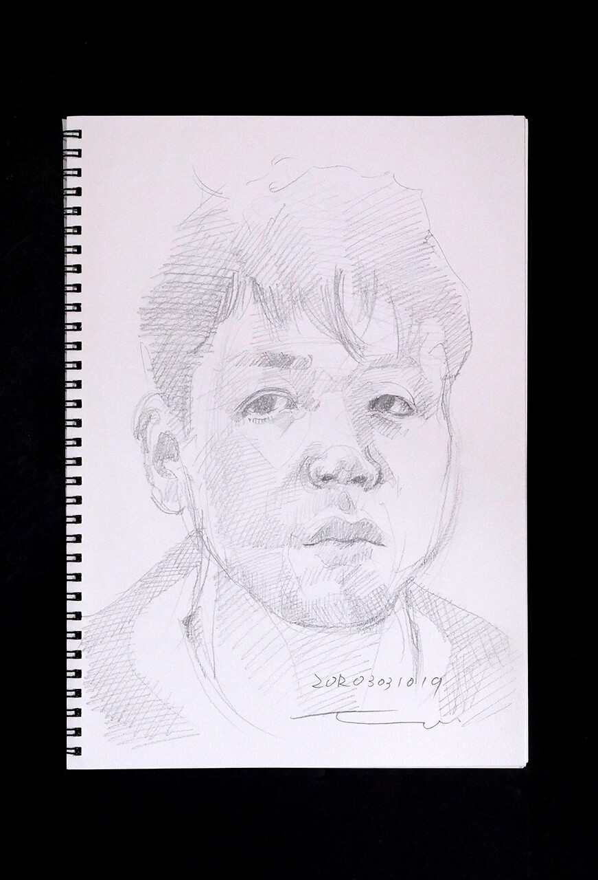 現代美術家の新宅睦仁(シンタクトモニ)の2012年3月3日の自画像/鉛筆ドローイング