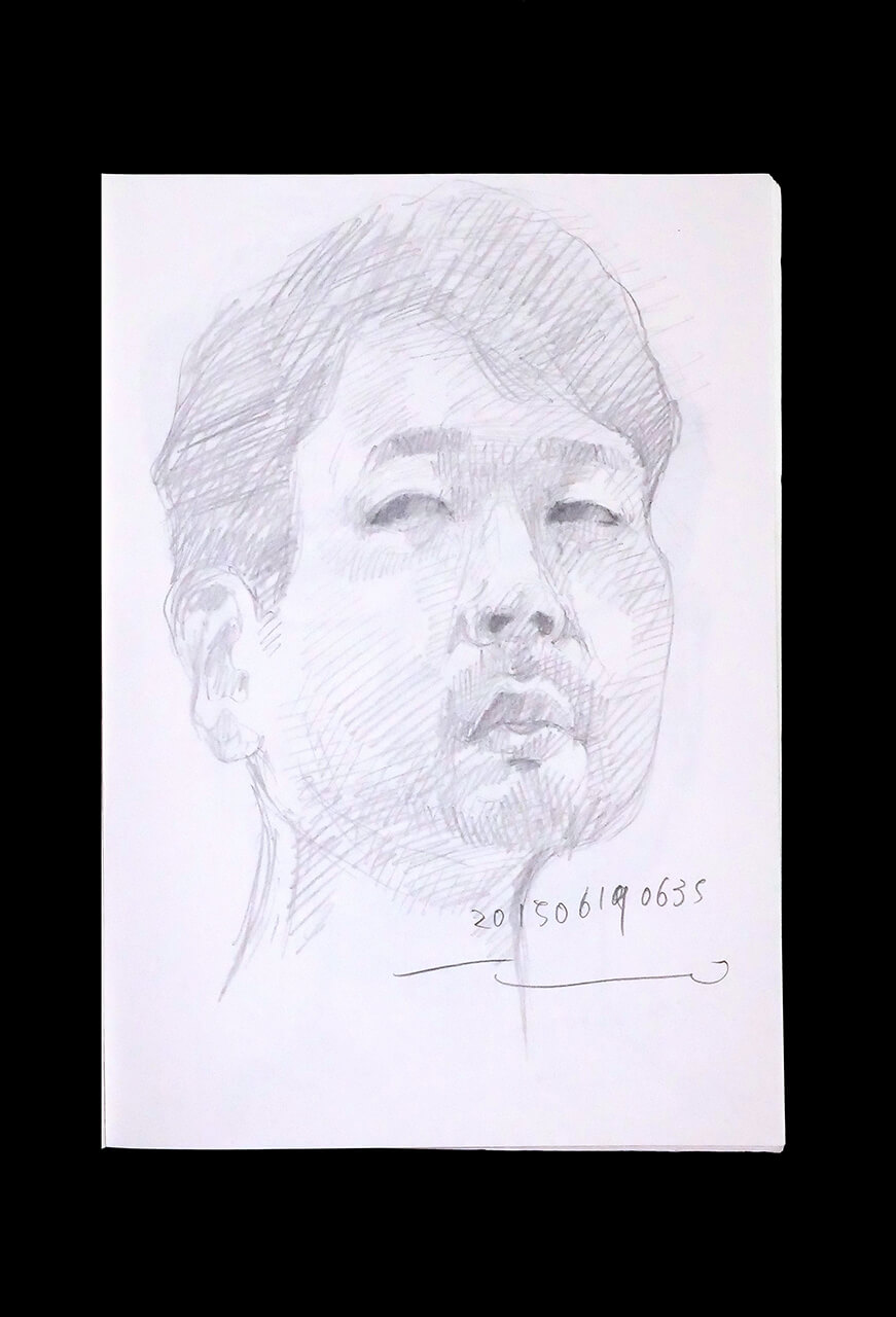 現代美術家の新宅睦仁(シンタクトモニ)の2015年6月19日の自画像/鉛筆ドローイング