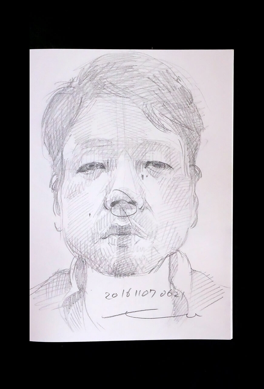 現代美術家の新宅睦仁(シンタクトモニ)の2016年11月7日の自画像/鉛筆ドローイング