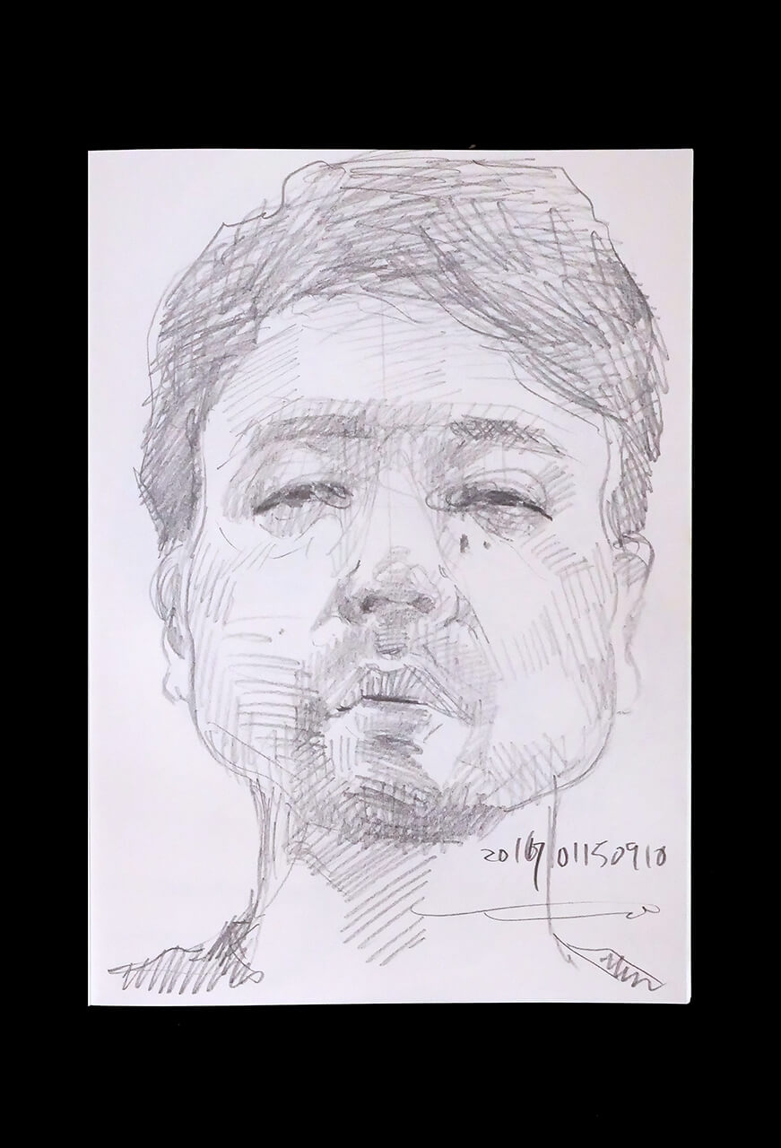 現代美術家の新宅睦仁(シンタクトモニ)の2017年1月15日の自画像/鉛筆ドローイング