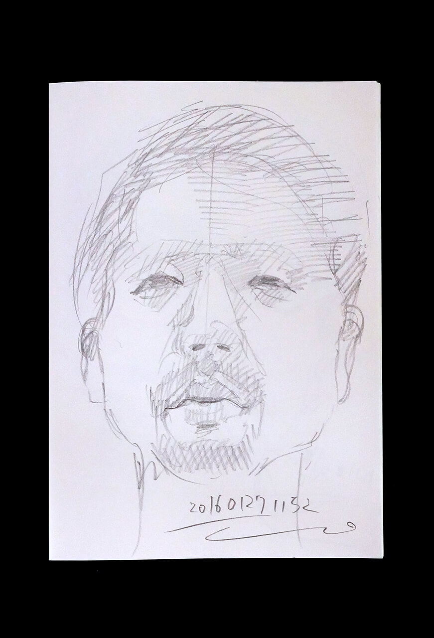 現代美術家の新宅睦仁(シンタクトモニ)の2017年1月27日の自画像/鉛筆ドローイング