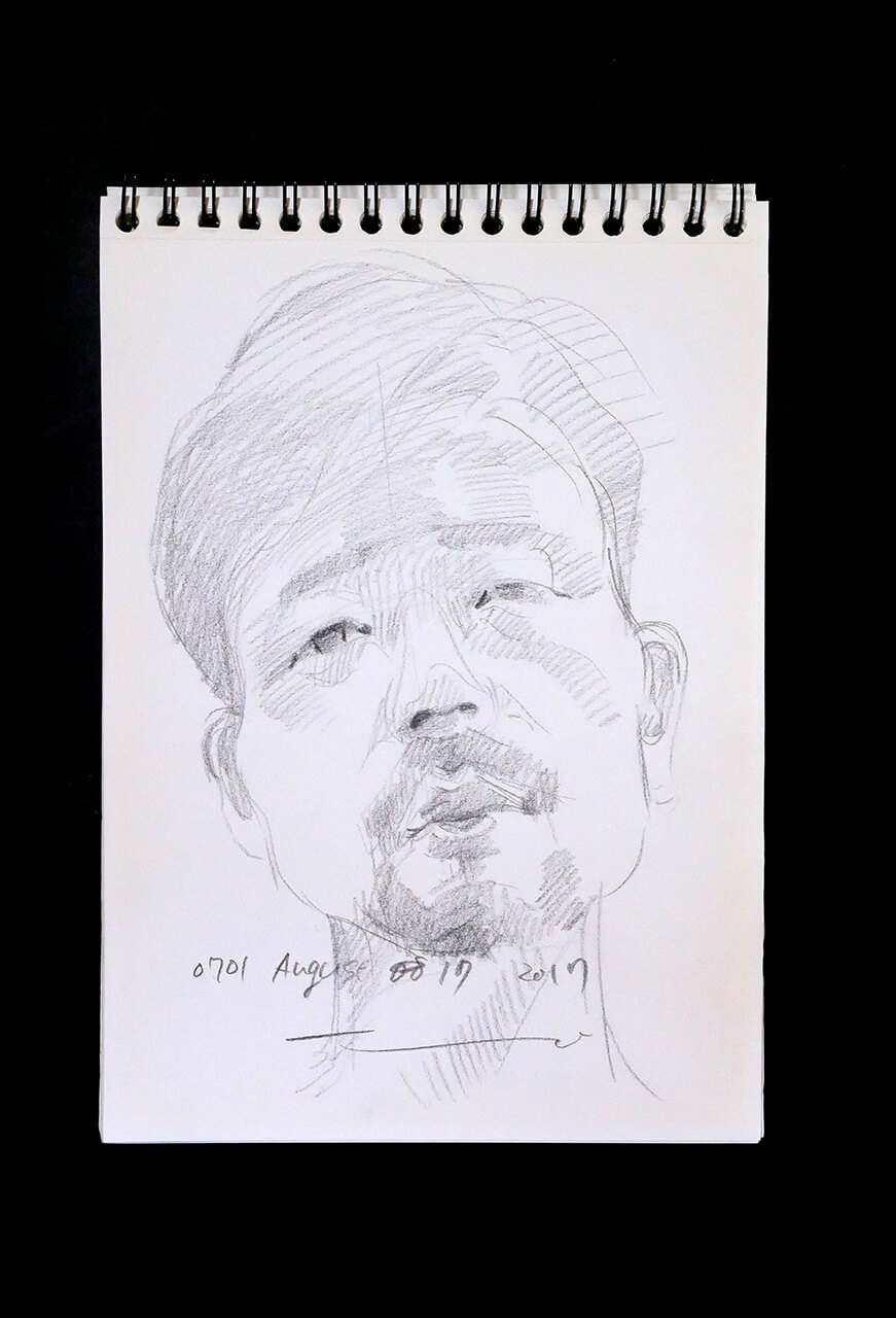 現代美術家の新宅睦仁(シンタクトモニ)の2017年8月17日の自画像/鉛筆ドローイング