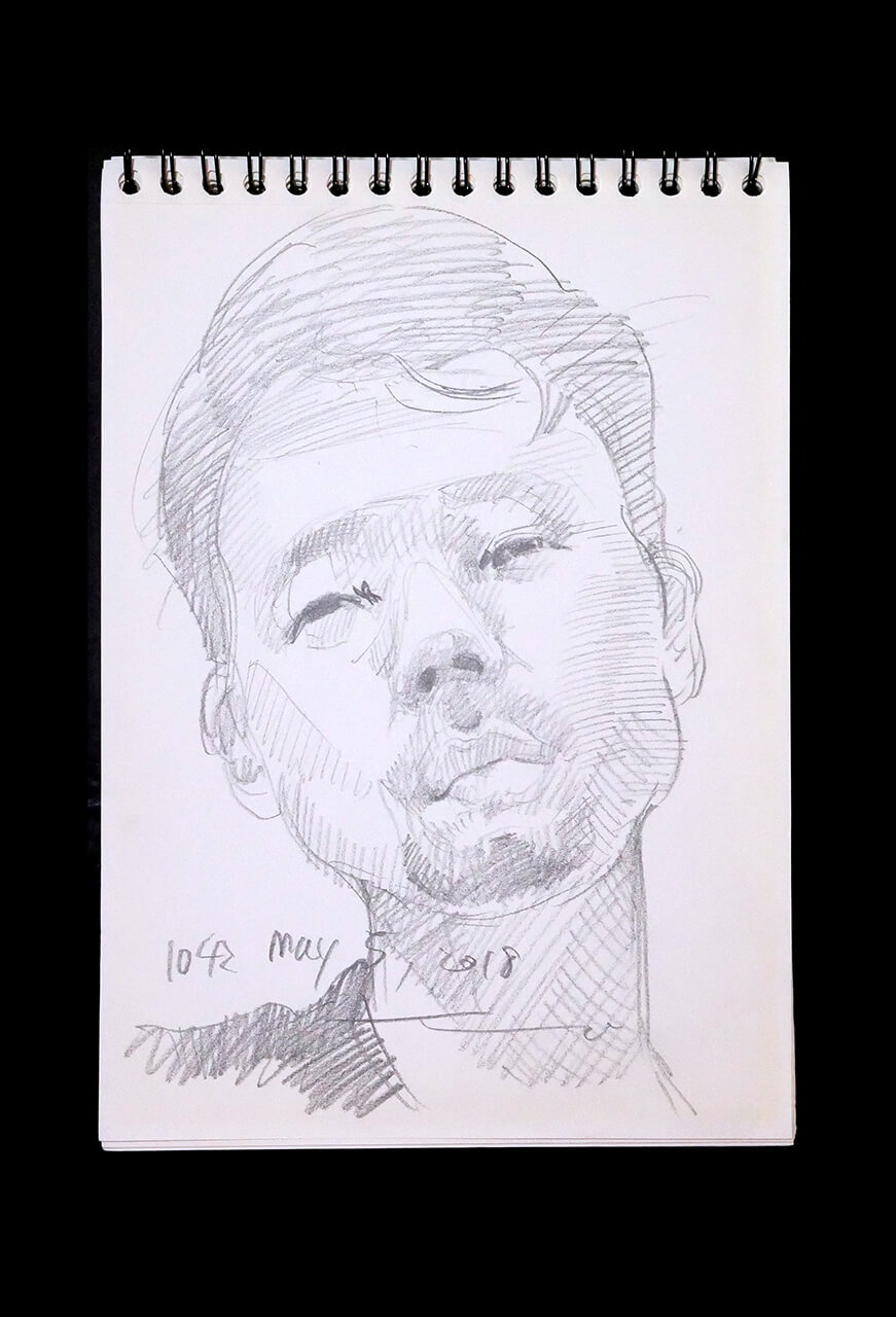 現代美術家の新宅睦仁(シンタクトモニ)の2018年5月5日の自画像/鉛筆ドローイング