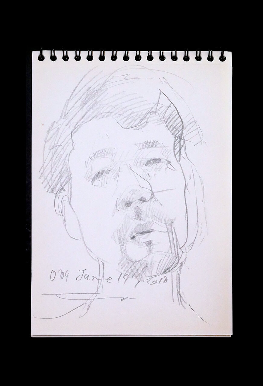 現代美術家の新宅睦仁(シンタクトモニ)の2018年6月14日の自画像/鉛筆ドローイング