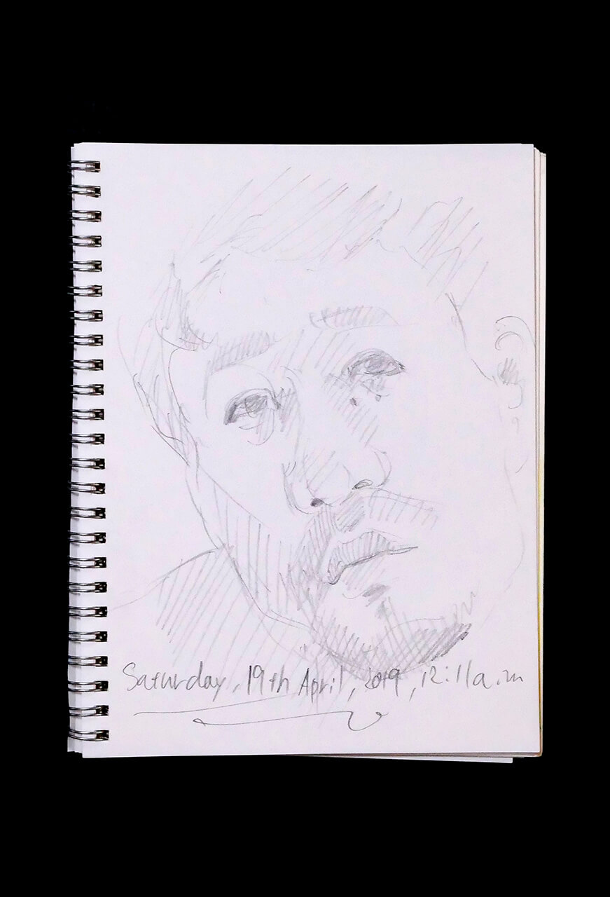 現代美術家の新宅睦仁(シンタクトモニ)の2019年4月20日の自画像/鉛筆ドローイング