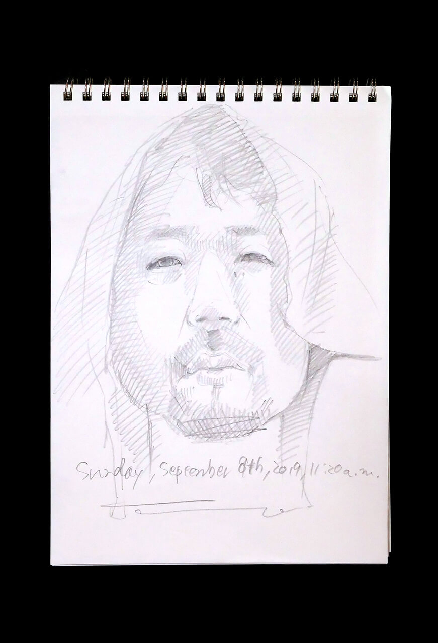 現代美術家の新宅睦仁(シンタクトモニ)の2019年9月8日の自画像/鉛筆ドローイング